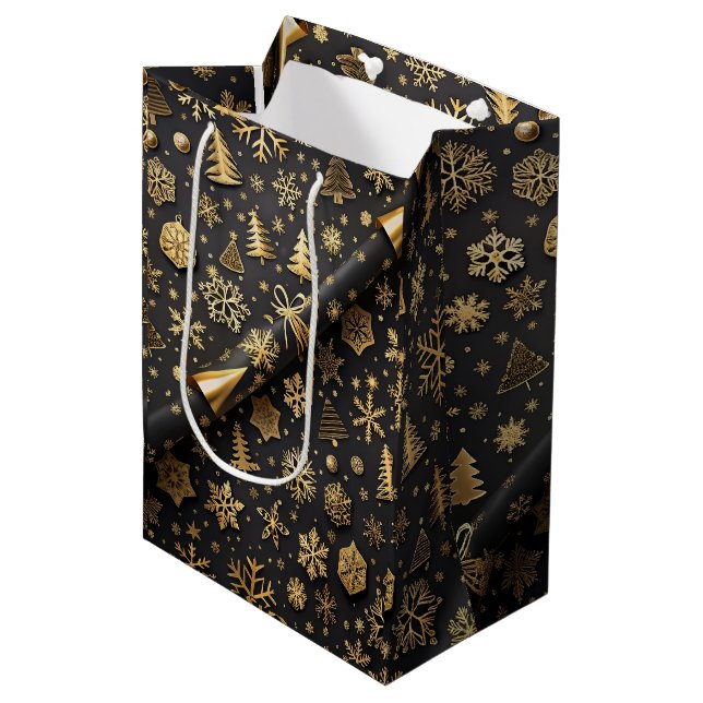 Elegant Black and Gold Christmas Gift  Medium Gift Bag (Front Angled)