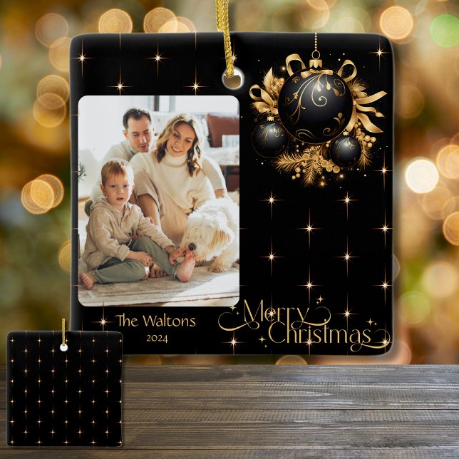 Elegant Black and Gold Christmas Photo 2024 Ceramic Ornament (Creator Uploaded)