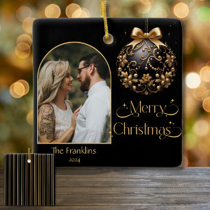 Elegant Black and Gold Christmas Photo Ceramic Ornament