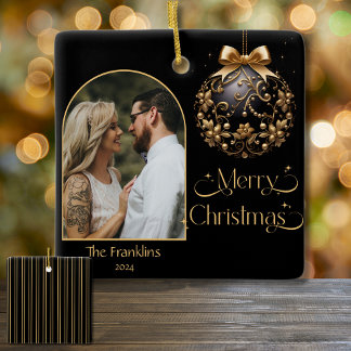 Elegant Black and Gold Christmas Photo Ceramic Ornament