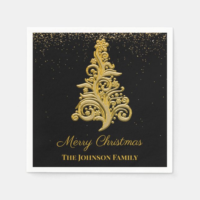 Elegant Black and Gold Christmas Tree Napkin (Front)