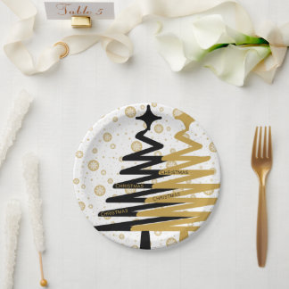 elegant black and gold christmas trees paper plate