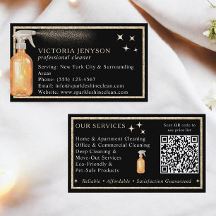 Elegant Black and Gold Cleaning Service Qr Code Business Card