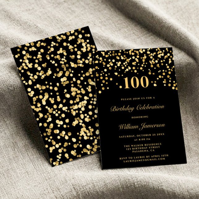 Elegant Black And Gold Confetti 100h Birthday Invitation (Creator Uploaded)