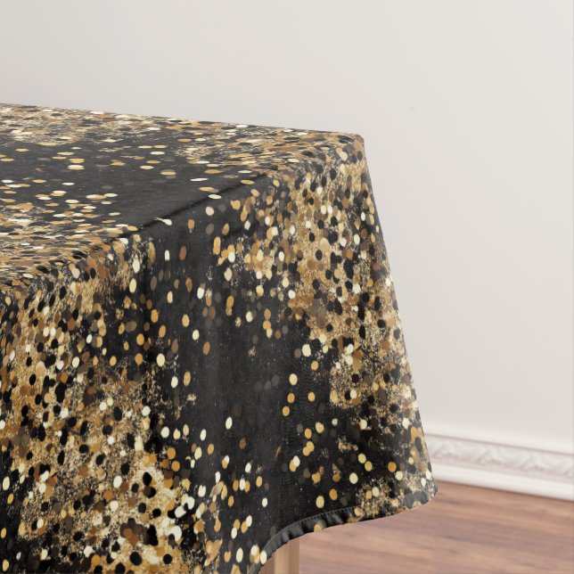 Elegant Black and Gold Confetti Glitter Party Tablecloth (In Situ)