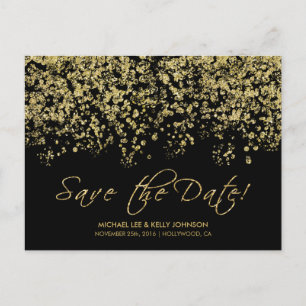 Elegant Black and Gold Confetti - Save the Date Announcement Postcard
