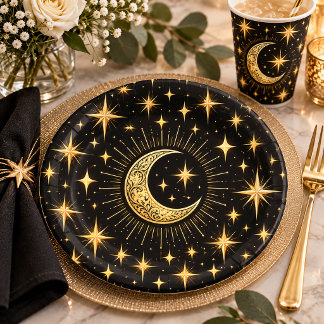 Elegant Black and Gold Crescent Moon Stars | Paper Plate