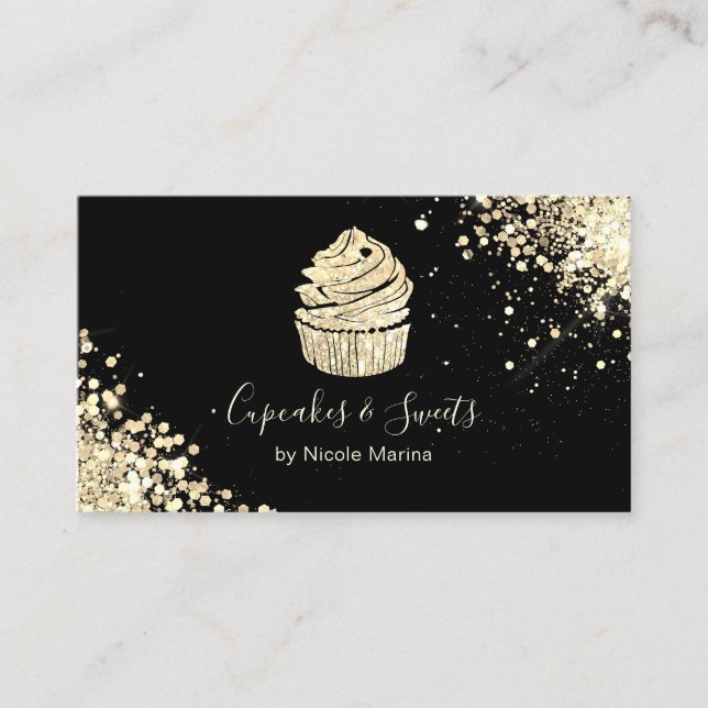 Elegant Black and Gold Cupcake Bakery Pastry Chef Business Card (Front)
