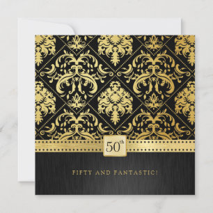 Elegant Black and Gold Damask 50th Birthday Invitation