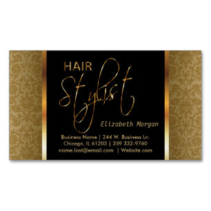 Elegant Black and Gold Damask Hair Stylist Magnetic Business Card