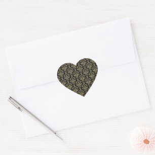 Elegant black and gold damask pattern heart sticker