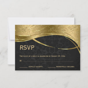Elegant Black And Gold Damask RSVP Card