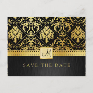 Elegant Black and Gold Damask Save the Date Announcement Postcard