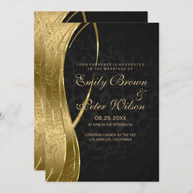 Elegant Black And Gold Damask Wedding Invitation (Front/Back)