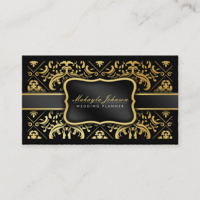 Elegant Black and gold Damask wedding planner Business Card (Front)