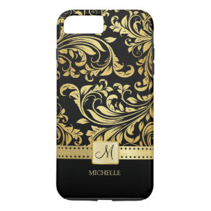 Elegant Black and Gold Damask with Monogram Case-Mate iPhone Case