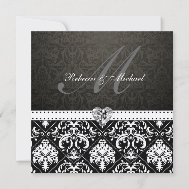 Elegant Black and Gold Damask with Monogram Invitation (Front)