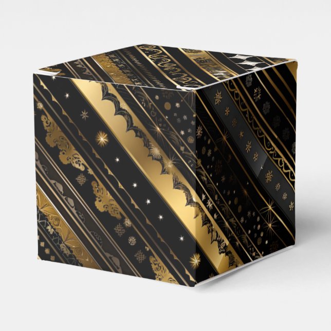 Elegant Black And Gold Diagonal Striped Cube Favour Box (Front Side)