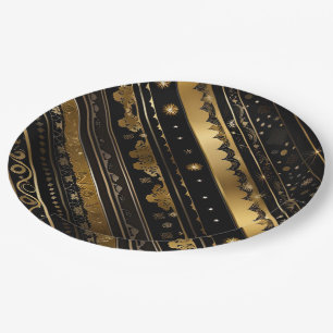 Elegant Black And Gold Diagonal Striped Paper Plate