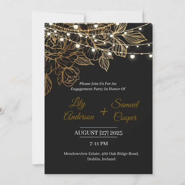 Elegant Black and Gold Engagement Party Invitation (Front)