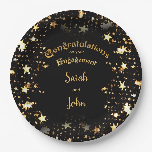 Elegant Black and Gold Engagement Party Paper Plate (Front)