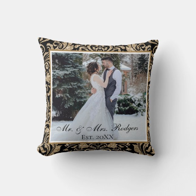 Elegant Black and Gold Faux Glitter Photo Wedding  Cushion (Front)