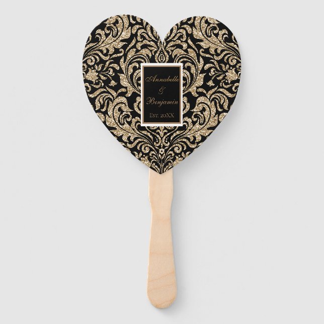 Elegant Black and Gold Faux Glitter Wedding Hand Fan (Front)