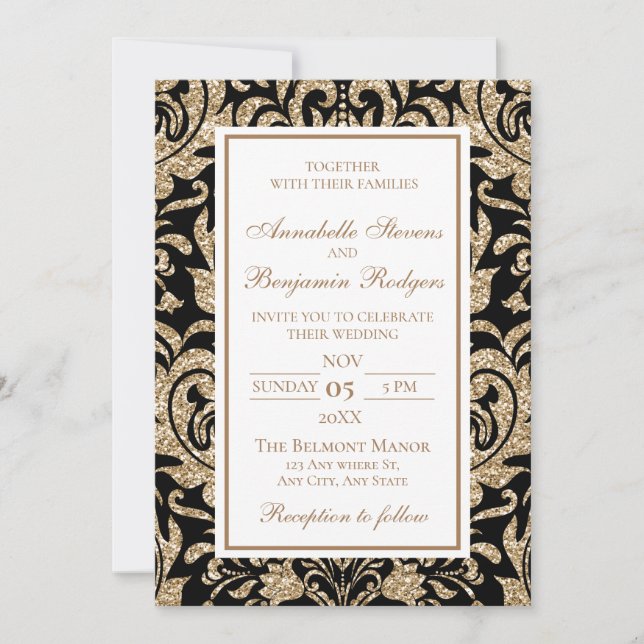 Elegant Black and Gold Faux Glitter Wedding Invitation (Front)