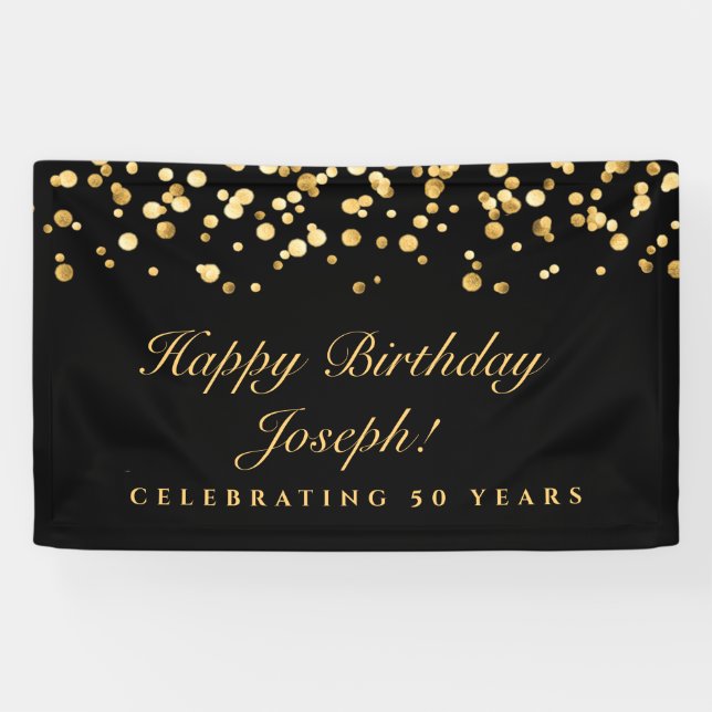 Elegant Black And Gold Fifty 50th Birthday Party Banner (Horizontal)