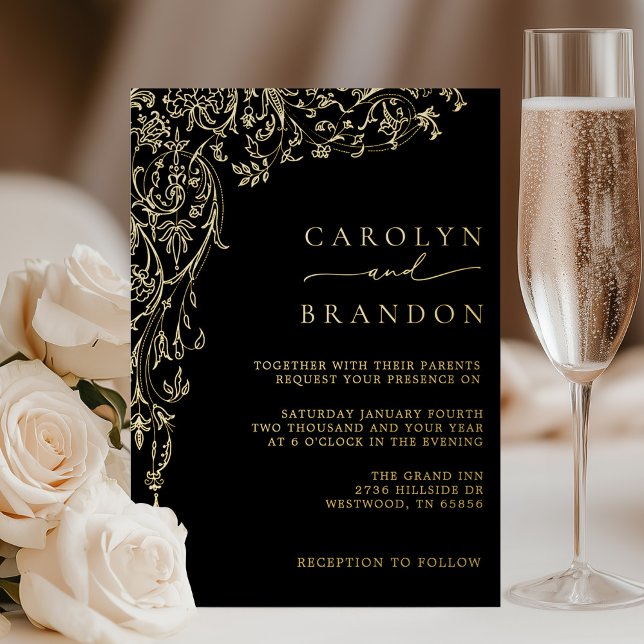 Elegant Black and Gold Filigree Wedding (Elegant Black and Gold Filigree Wedding Foil Invitation)