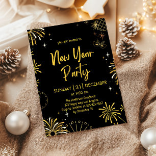 Elegant Black and Gold Fireworks New Year’s Eve  Invitation