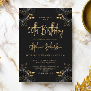 Elegant Black and Gold Floral 50th Birthday Party Invitation