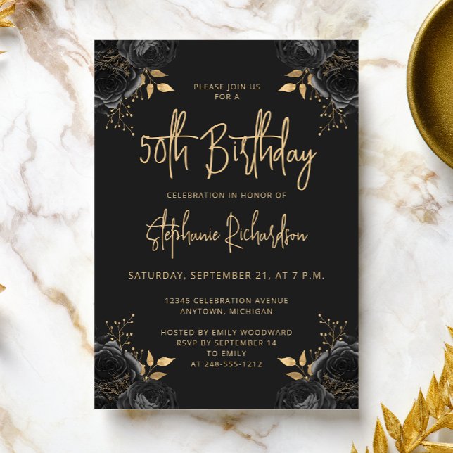 Elegant Black and Gold Floral 50th Birthday Party Invitation (Creator Uploaded)