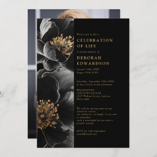 Elegant Black And Gold Floral Celebration Of Life Invitation