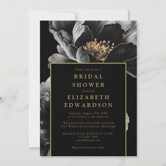 Elegant Black And Gold Floral Chic Bridal Shower Invitation (Front)