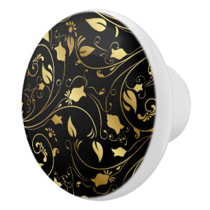 Elegant Black and Gold Floral Drawer Knobs - SRF