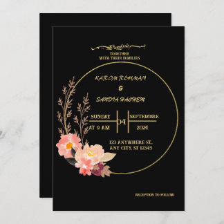 Elegant Black and gold floral Muslim Wedding Invitation
