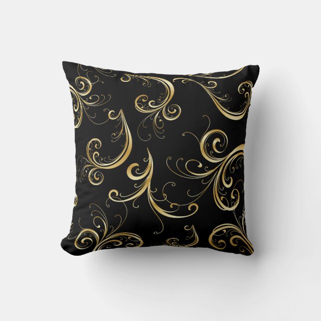 Elegant Black and Gold Floral Pattern Cushion (Front)