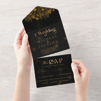 Elegant Black and Gold Floral Photo Wedding  All In One Invitation