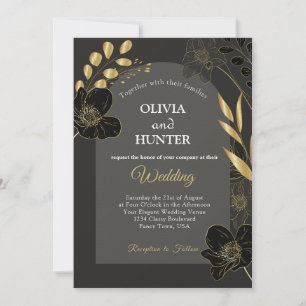 Elegant Black and Gold Floral Photo Wedding card