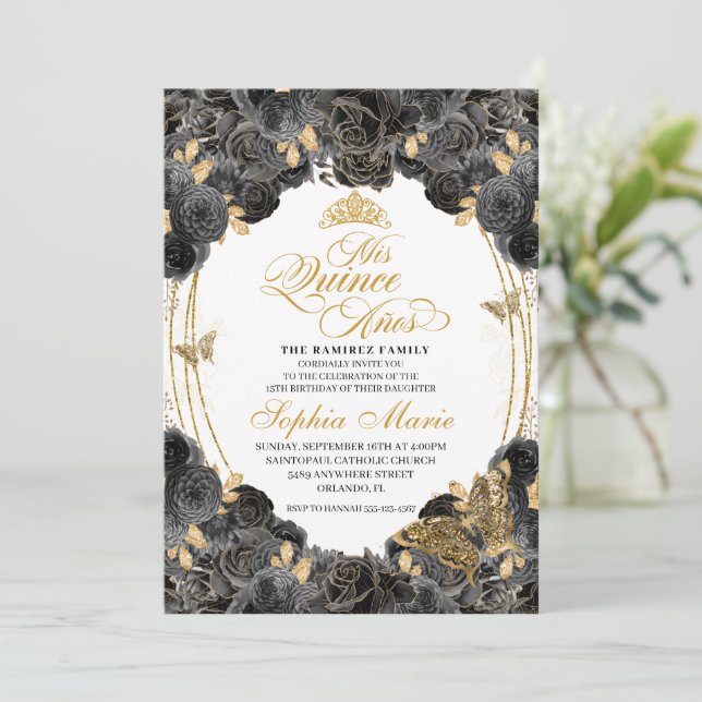 Elegant Black and Gold Floral Quinceanera Birthday Invitation (Standing Front)