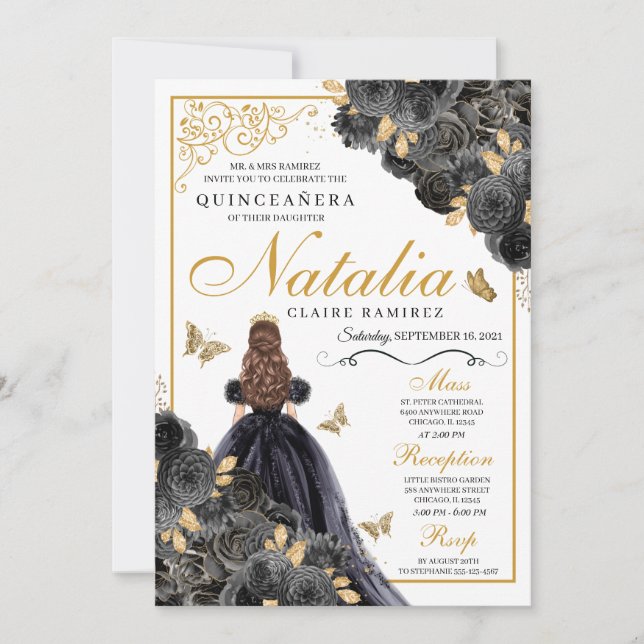Elegant Black and Gold Floral Quinceanera Birthday Invitation (Front)