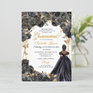 Elegant Black and Gold Floral Quinceanera Invitati Invitation