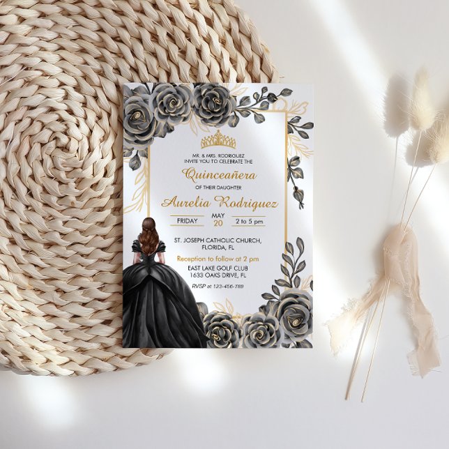 Elegant Black and Gold Floral Quinceanera Invitation (Creator Uploaded)