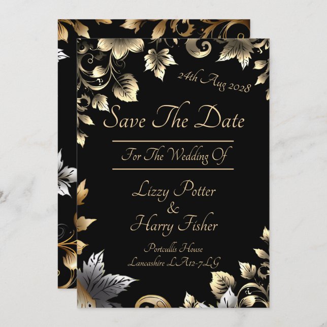 Elegant Black and Gold Floral Range Save The Date (Front/Back)