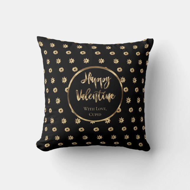 Elegant Black and Gold Floral Valentine's Day Cushion (Front)