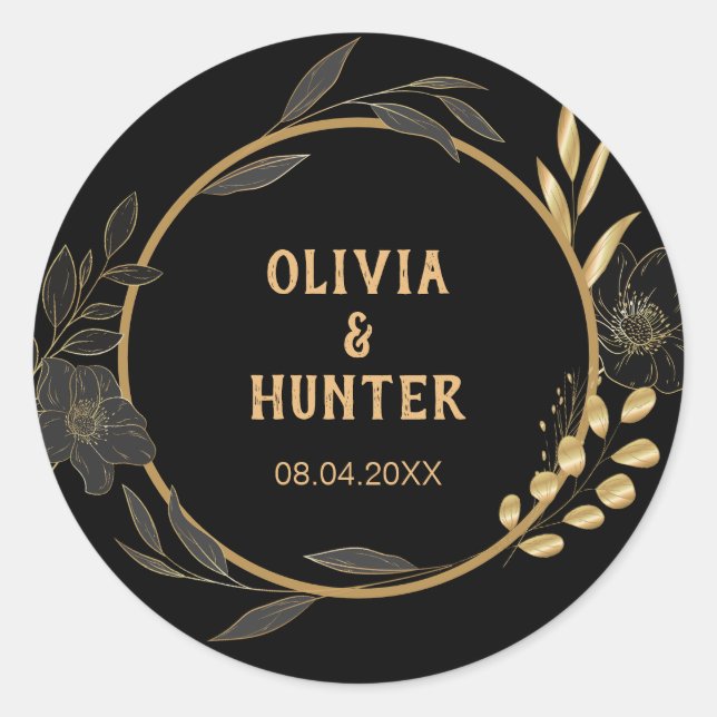 Elegant Black and Gold Floral wedding  Classic Round Sticker (Front)