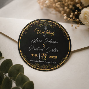 Elegant Black and Gold Floral Wedding Classic Round Sticker