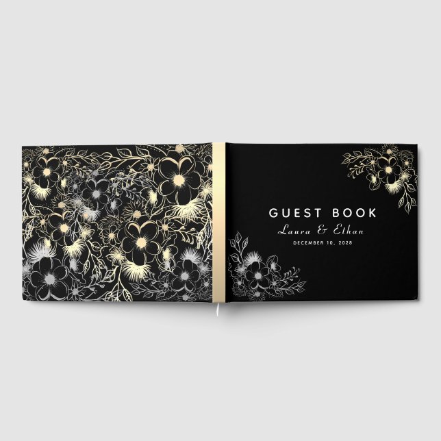 Elegant Black and Gold Floral Wedding Guest Book (Full)