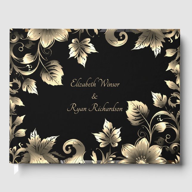 Elegant Black and Gold Floral Wedding  Guest Book (Front)
